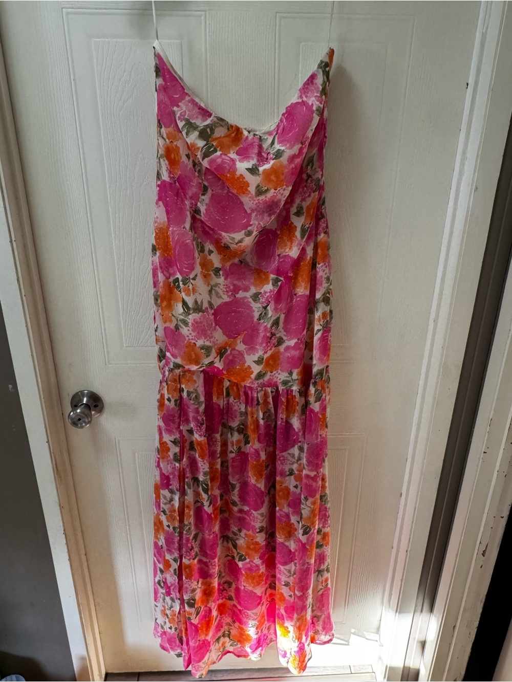 12th Tribe Strapless Pink & Orange Floral Maxi Dress with Slit